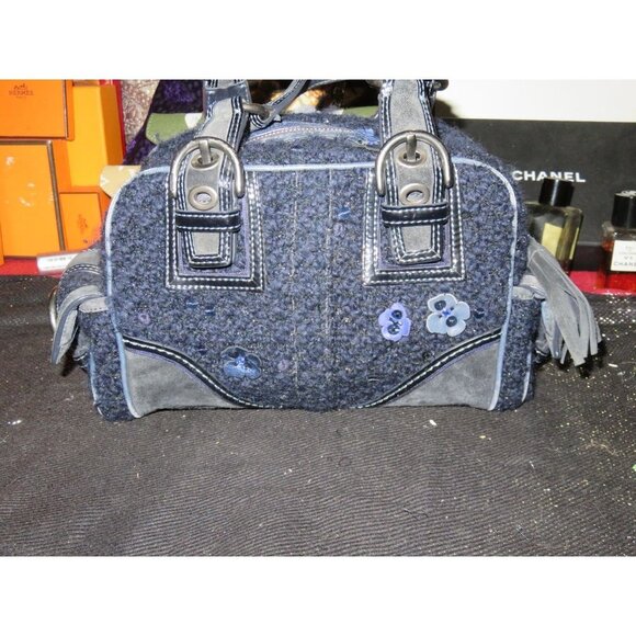 Coach Soho Midnight Blue Tweed & Suede Leather Sequin East West Satchel 10071 - Picture 4 of 16